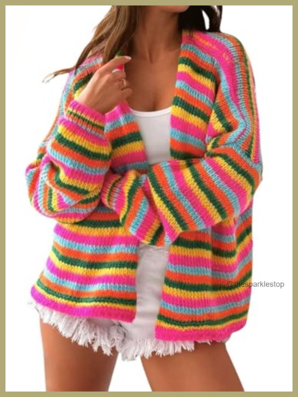 Women's Striped Open Front Chunky Knit Cardigan V-Neck Long Sleeve Loose Fit